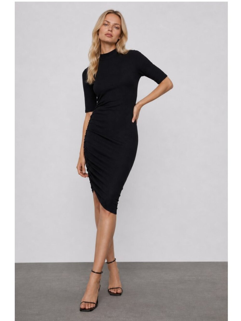 Zara Black Midi Dress Side Ruched Ribbed Small